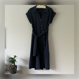 ZARA Navy Blue Satin Midi Asymmetrical Button Down Dress